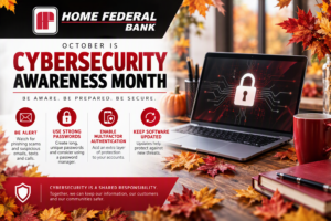 Banner for Home Federal Bank promoting Cybersecurity Awareness Month with autumn leaves, a laptop displaying a lock, and security tips: Be Alert, Use strong passwords, Enable MFA, Keep software updated.